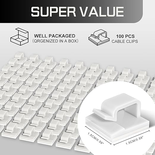 KGROTE 100PCS Cable Clips, Adhesive Wire Clips Strong Cord Clips Wire Holders, Cable Management Clips for Desk, Wall, Car, TV, Ethernet Cable (White, Small)