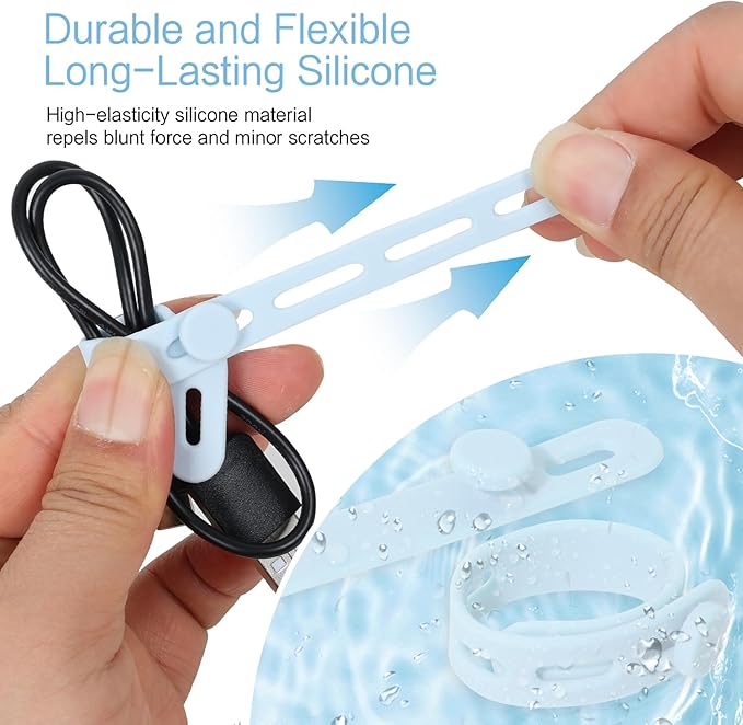 Donruby 24Pcs Silicone Cable Ties - Reusable & Washable with Locking Buckles, Adjustable Fastening Cable Management Straps, Multi-Purpose High Elasticity Cord Organizer (Ice Blue)