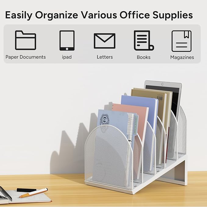 OUTIOE 5-Section Desk File Organizer, Metal Mesh Folder Organizer for Documents, Mail & Office Papers (White)