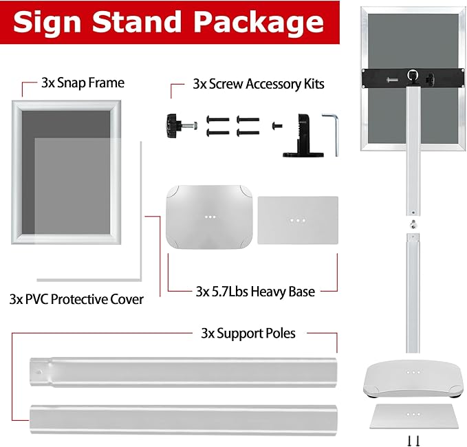 VAIIGO 3 Pack Heavy Duty Standing Sign Holder 11x17 Inch - Pedestal Floor Sign Stand with Weighted Base - Vertical & Horizontal Poster/Menu Display Stands for Indoor/Outdoor Advertising, Silver