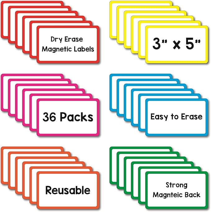 36 Pack Magnetic Dry Erase Labels - Magnetic Blank Cards with Color Borders, Reusable Magnetic Name Tags - Dry Erase Labels for Home, Office, Classroom - 3 x 5 Inches