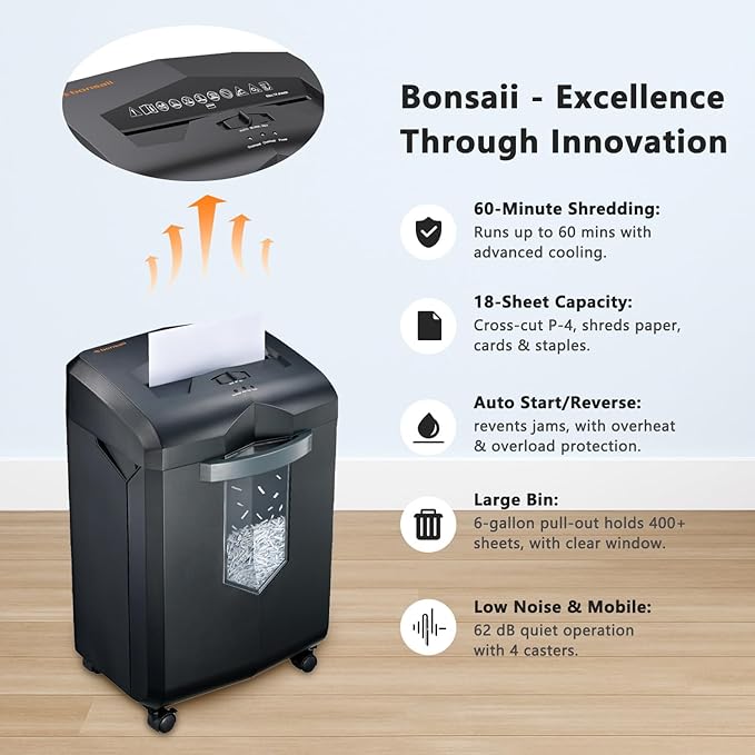 Bonsaii Heavy Duty 18-Sheet Office Shredder – 60-min Continuous Run, Cross-Cut P-4 Security, 6-gal bin with Window, 4-Wheel Design, Shreds Paper, Credit Cards & Staples – Black.