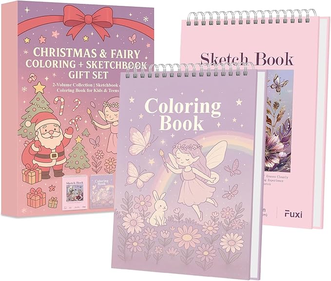 Fuxi Coloring Books for Girls, 60 Sheets (73lb/120gsm) Blank Sketch Book + 50 Designs Blank Coloring Book, Stocking Stuffers for Kids 8-12 Girls.