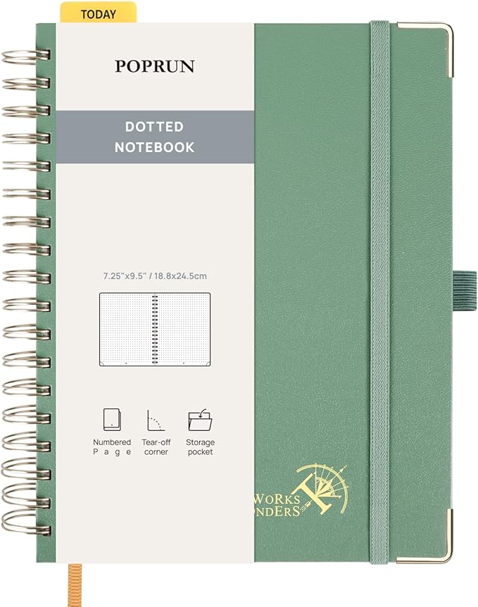 POPRUN Spiral Bullet Dotted Journal Notebook, 7-1/4" x 9-1/2" - 120 GSM Thick Paper, 220 Numbered Pages, Hardcover for Men & Women with Pocket, Index Tabs, 8 Perforated Sheets, Midnight Green