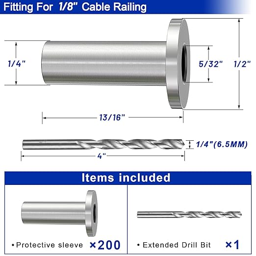 Steel DN Mate 200 Pack Stainless Steel Protector Sleeves for 1/8" Wire Rope, Cable Railing Hardware for Deck/Cable Railing System, T316 Marine Grade, Cable Sleeves Come with a Drill Bit DE05