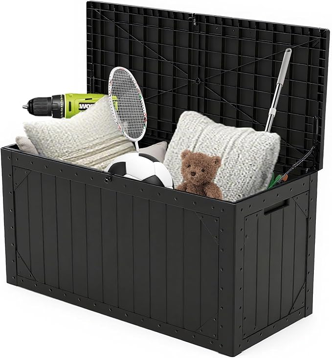 PATIOEASY Outdoor Storage Box 100GAL Waterproof Resin Deck Box,UV-Resistant Lockable Package Delivery Bin for Garden Tools,Large Patio Outside Cushions,Pool Accessories Supplies,Chest,Furniture,Brack