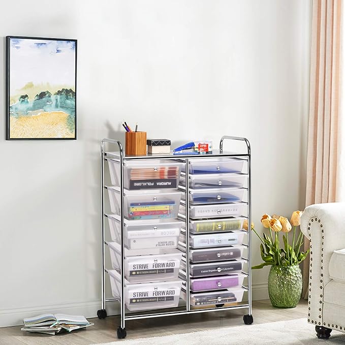 GLACER 15 Drawers Rolling Cart, Storage Cart with w/Removable Drawers & Steel Frame, Multipurpose Organizer Cart w/Sleek Handle, Utility Cart on Lockable Wheels for Home, School, Office (Clear)