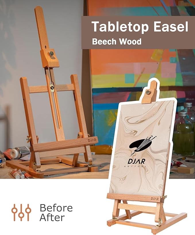 DJAR 49 pcs Acrylic Art Set with 25" Art Easel, Adjustable Beech Wood Tabletop Wooden Easel for Painting, Painting Supplies with 24 Acrylic Paints, Canvas Panels, Palette for Teens, Adults, Students