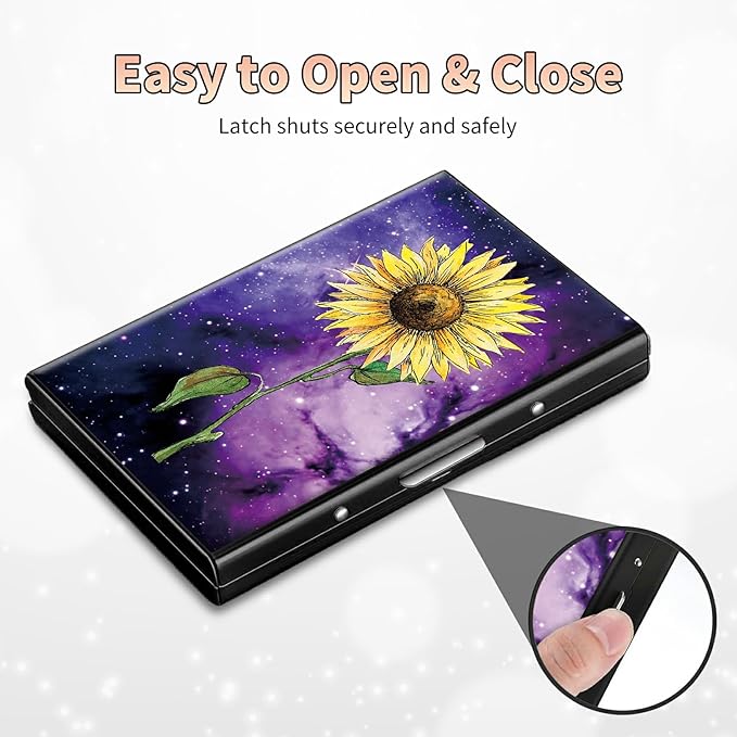 BWEGRHE Slim Credit Card Holder, Sunflower Yellow Purple Galaxy RFID Blocking Metal Wallet for Men & Women, Aluminum Minimalist Hard Case Pocket-Sized Business Cards Organizer (Fits Up to 10 Cards)