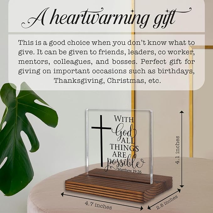 Matthew 19:26 Desk Sign, Christian Bible Verse Decor With God All Things Are Possible Gift for Women Men, Inspirational Faith Plaque for Office, Birthday, Baptism, Retirement, Christmas PA131
