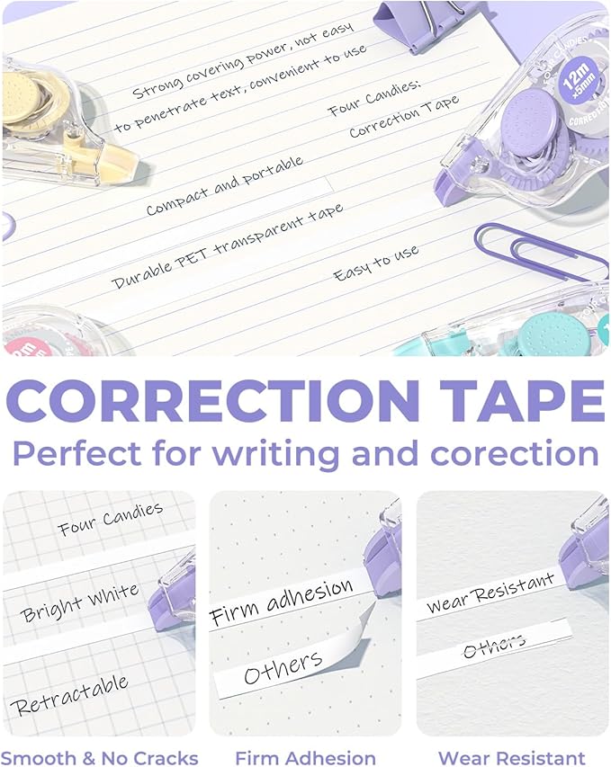 Four Candies White Correction Tape, 39.4 Feet, 4 Pack Easy to Use Applicator for Instant Corrections, Tear-Resistant, Smooth & Quick-Drying Tape for Office & School Supplies