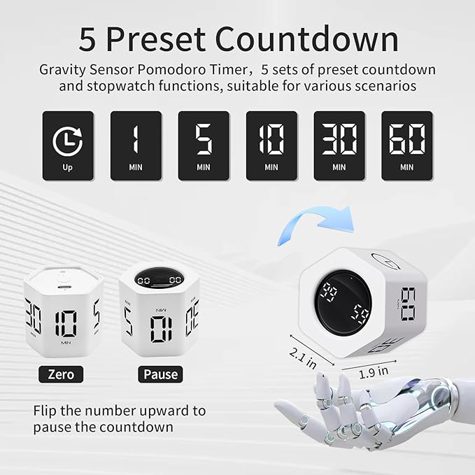 LUCKY TIME Productivity Timer Flip Gravity Sensor Pomodoro Cube Timer Countdown & Countup,1/5/10/30/60min Preset & Custom Timing, Mute/Vibrate/Sound for ADHD,Work,Study,Kitchen(1, White Hexagon)