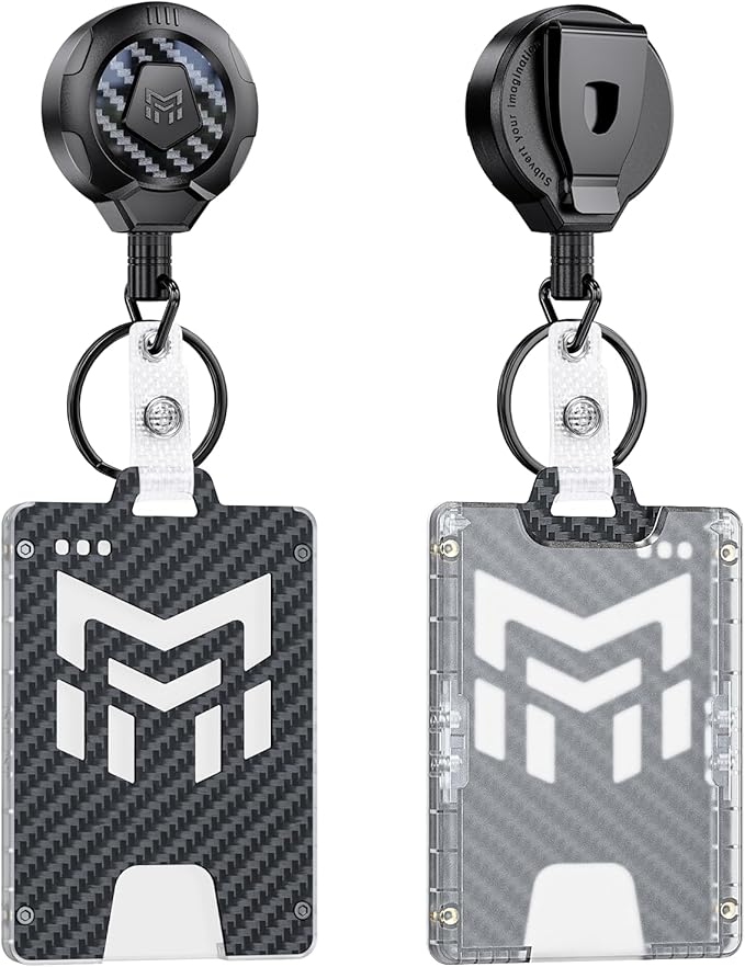 MNGARISTA Retractable Badge Holder, Heavy Duty Badge Reel Keychain with Belt Clip, 3K Carbon Fiber ID Card Holder Lanyard with 32.28" Retractable Key Chain, Black（2 Pack）