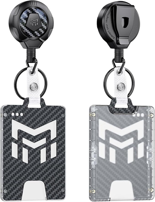 MNGARISTA Retractable Badge Holder, Heavy Duty Badge Reel Keychain with Belt Clip, 3K Carbon Fiber ID Card Holder Lanyard with 32.28" Retractable Key Chain, Black（2 Pack）