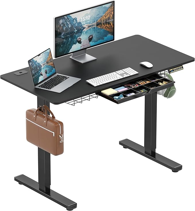 SHW 48-Inch Electric Height Adjustable Standing Desk with Drawer, Memory Preset and Cable Management Tray, Black