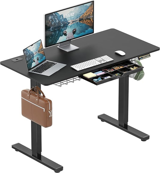 SHW 48-Inch Electric Height Adjustable Standing Desk with Drawer, Memory Preset and Cable Management Tray, Black