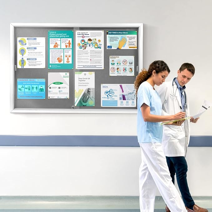 SWANCROWN Glass Enclosed Bulletin Board 48"x32", Locking Message Board with Sliding Glass Doors for Indoor Use, Grey Fabric