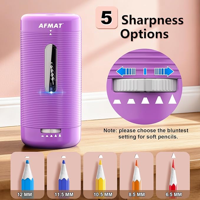 AFMAT Electric Pencil Sharpener, Fully Automatic Pencil Sharpener, Auto in & Out, Rechargeable Hands-Free Sharpeners for Jumbo & Colored Pencils (6.5-12mm), Portable for Home/Classroom/Office PSC2