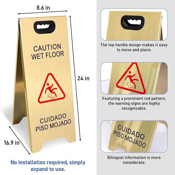 Kerty 4 Pack Stainless Steel Wet Floor Sign, 24 Inch Caution Wet Floor Sign Portable Foldable Bilingual Safety Warning for Hotel Market Restroom Restaurant Office (Gold)
