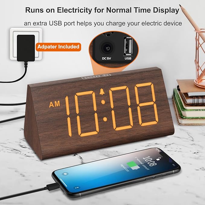 DreamSky Wooden Digital Alarm Clocks for Bedrooms - Electric Desk Clock with Large Numbers, USB Port, Loud Alarm for Heavy Sleepers, Adjustable Volume, Dimmer, Snooze, DST, Wood Décor, Adapter Powered