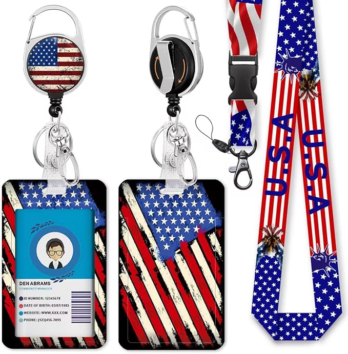 Giancomics 4th of July Lanyards for Id Badges, American Flag ID Badge Holder with Retractable Reel, Patriotic Stars Stripes Teacher Lanyard with Keychain Clip Name Tag Card Holder for Women Gift