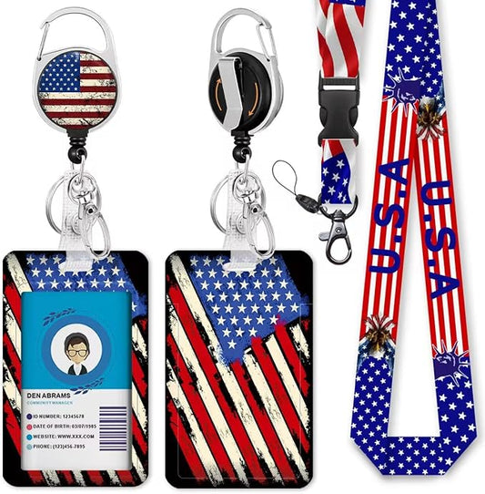 Giancomics 4th of July Lanyards for Id Badges, American Flag ID Badge Holder with Retractable Reel, Patriotic Stars Stripes Teacher Lanyard with Keychain Clip Name Tag Card Holder for Women Gift