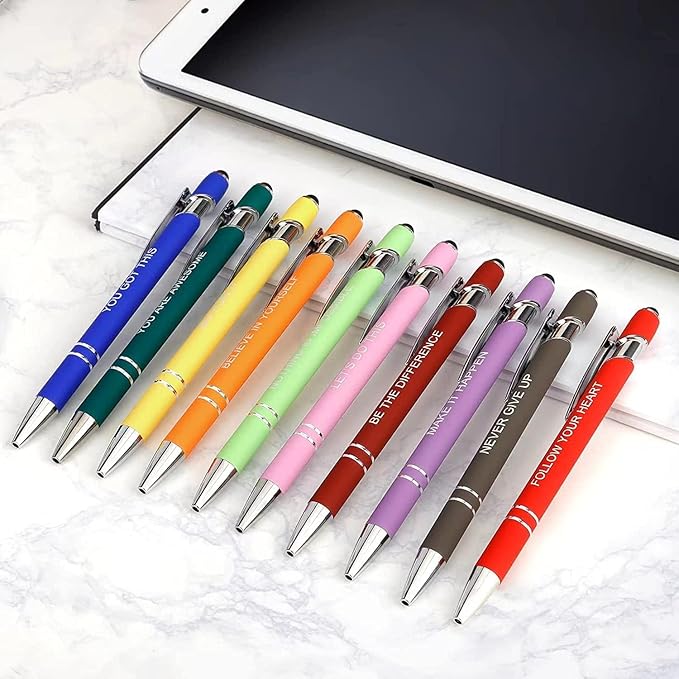 Greengines 10 Pcs Inspirational Pens - Motivational Ballpoint Ink Pens Bulk with Stylus Tip quotes Gifts for School Coworkers Office Supplies Black Ink