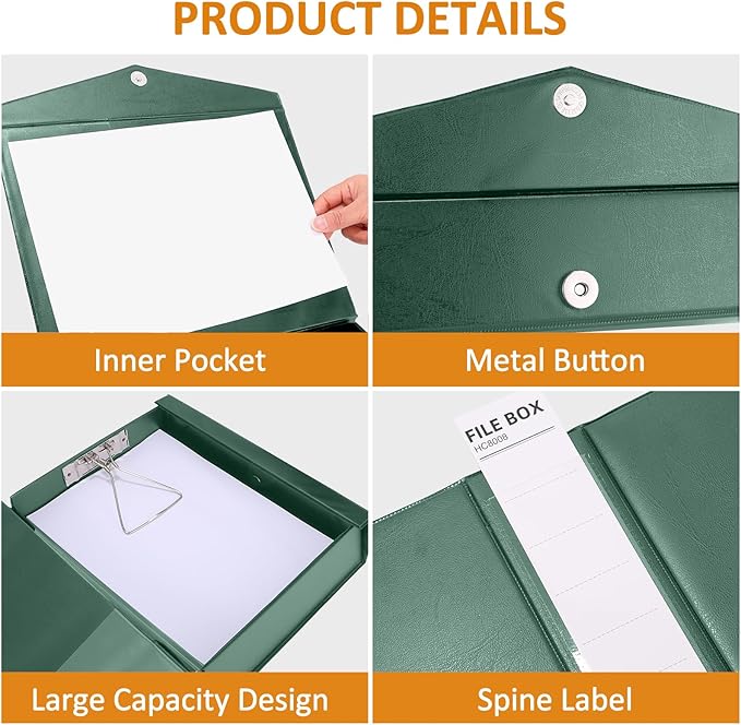 HUA JIE A4 Storage File Boxes Plastic Archives Cases with Clip, PVC File Folder Organizer Document Storage Filing Box for Office,32.5×6.5×24 cm, Green(Pack of 6)