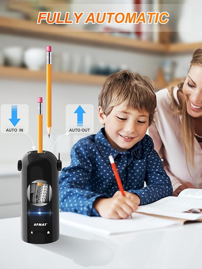 AFMAT Electric Pencil Sharpener, Fully Automatic Pencil Sharpener for Classroom, Robot Sharpeners for 7-11.5mm No.2/Jumbo/Colored Pencils, Auto in & Out, Rechargeable & Cordess, Hands-Free, PSX5,Black