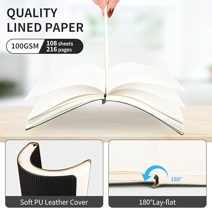 TSFPapier A5 Lined Notebook with Pen & Gift Box 216 Pages PU Leather Journals for Women Men 100GSM Thick Paper College Ruled Notebook for Christmas Gifts,School,Travel,Business,Work,Home Writing (Black)