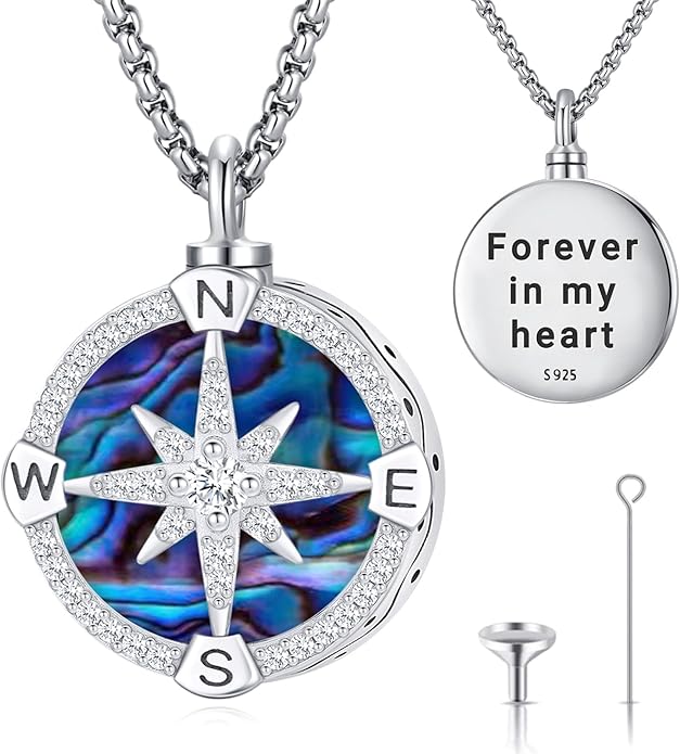 Compass Necklace for Women Men 925 Sterling Silver Pendant Urn Necklaces for Ashes Picture Locket Necklace Anchor Necklace Viking Necklace Crystals CZ Moonstone Abalone Shell Turquoise Compass Jewelry