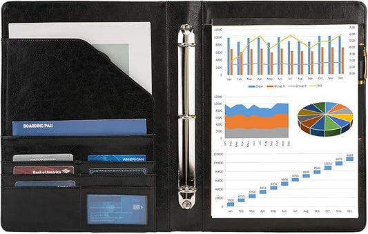 Geslun Vegan Leather 3 Ring Binder, 8.5 x 11 Letter Size Folio with Pen Holder, Soft Notebook Portfolio Cover, Slim Notepad Padfolio Thin File Organizer for Work Executive Meeting, Black