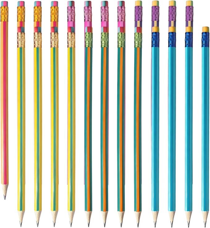 M&G Aurora Series 24 Pack 2B Triangular Wood-Cased Pencils, Pre-Sharpened with Erasers, Smooth Writing Break-Resistant Core, 6 Two-Tone Striped Colors for School Office Drawing Classroom Supplies