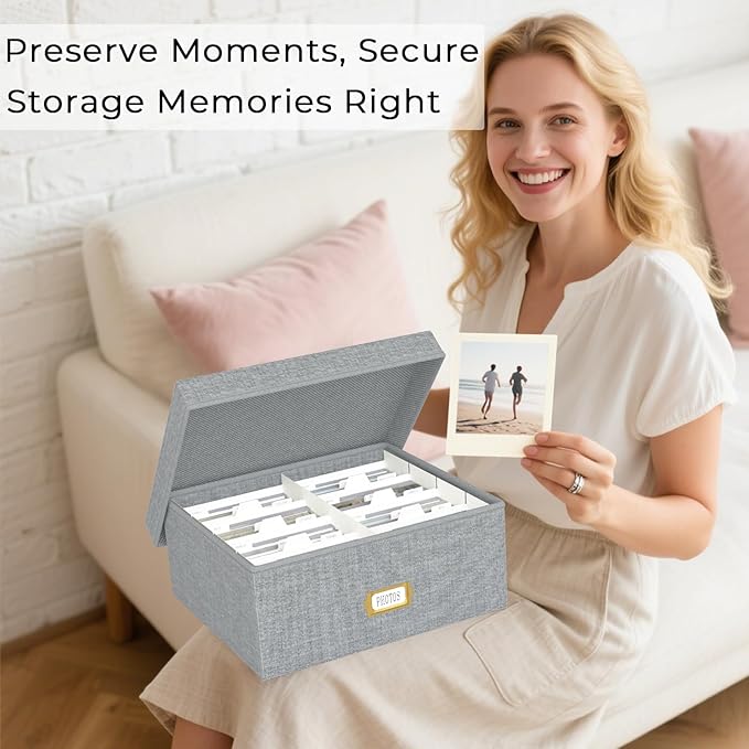 Decorative Photo Storage Box - 2 Pack Linen Photo Box Organizer with Dividers, Fits Holds Up to 1700 Pictures and 4x6 Photos, Memory Keepsake Organizer for Scrapbook Supplies, Cards, Stamps (Grey)