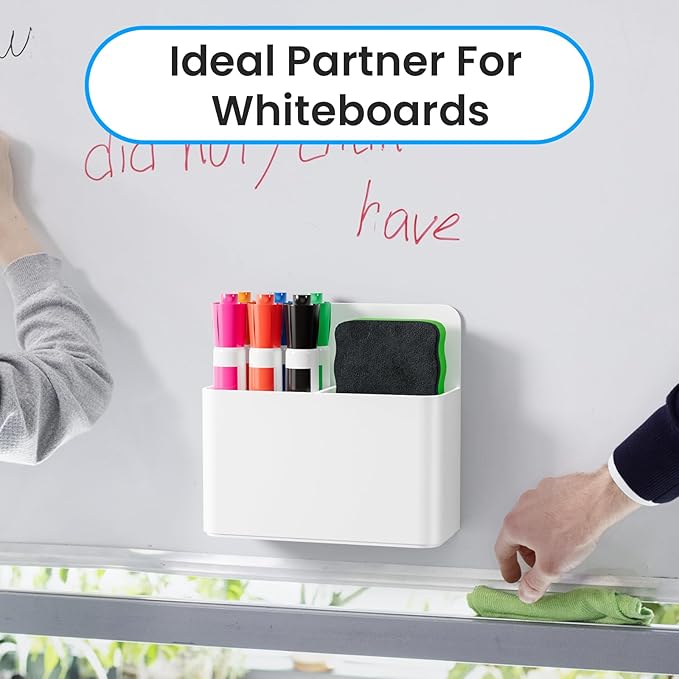 First-zgel 3 Pack Magnetic Pen Holder, Wall Mount Magnetic Dry Erase Marker Holder with Large Compartments, Self Adhesive Marker Pen Pencil Organizer for Whiteboard Fridge Locker Accessories (White)