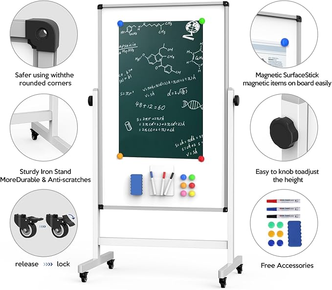 UIFER Rolling Whiteboard, 44 x 26 Double Sided Magnetic Dry Erase Board Height Adjustable Whiteboard on Wheels with Sturdy Aluminum Frame for Home Office Classroom