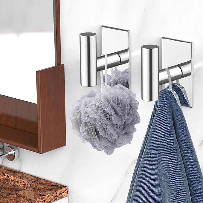 VAEHOLD Wall Towel Hooks, Heavy Duty Sticky Holder Waterproof Towel Hooks for Hanging Coat, Clothes, Closet Hook Wall Mount for Kitchen (Chrome, 4 Pack)