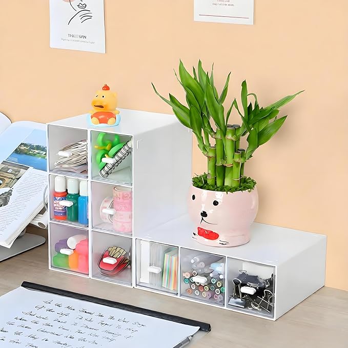 OSteed Desktop Drawers, Desk Organizer with 9 Drawers, Stackable Plastic Storage Box for Home Collection, Cosmetics, Jewelry, Office Supplies (3 Tiers, White)