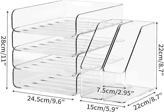 FANXIYQ 4-Tier Brown Acrylic Paper Tray Organizer for Desk + 2 Bookends – Stackable Letter Tray, Acrylic Desk Accessories/File Organizer, Office Paper Organizer