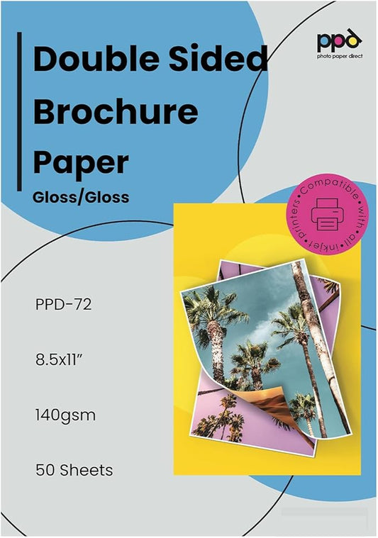 PPD Double Sided Photo Paper, Glossy Brochure Paper 8.5 x 11 for Inkjet Printer, 140 gsm, 6.2 mil Thick for Magazine, Flyer, Presentation, Program, Instant Dry & Water Resistant (50 Sheets)