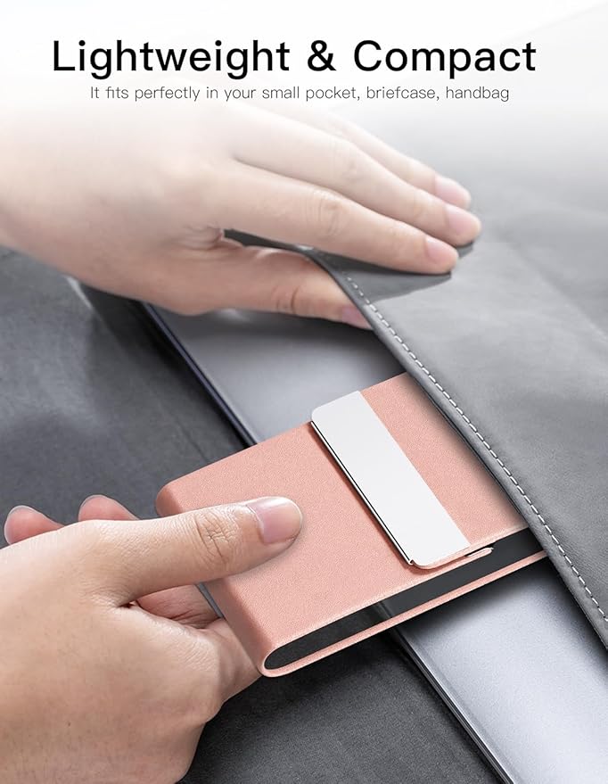 Padike Professional Business Card Holder PU Leather Business Card Case Name Card Holder Slim Metal Pocket Card Holder with Magnetic Shut (Y-Pink)