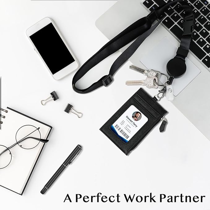 DELSWIN Badge Holder with Retractable Lanyard, PU Leather ID Badge Card Holder with 1 ID Window, 4 Card Slots, 1 Side Zipper Pocket, and Adjustable Neck Strap