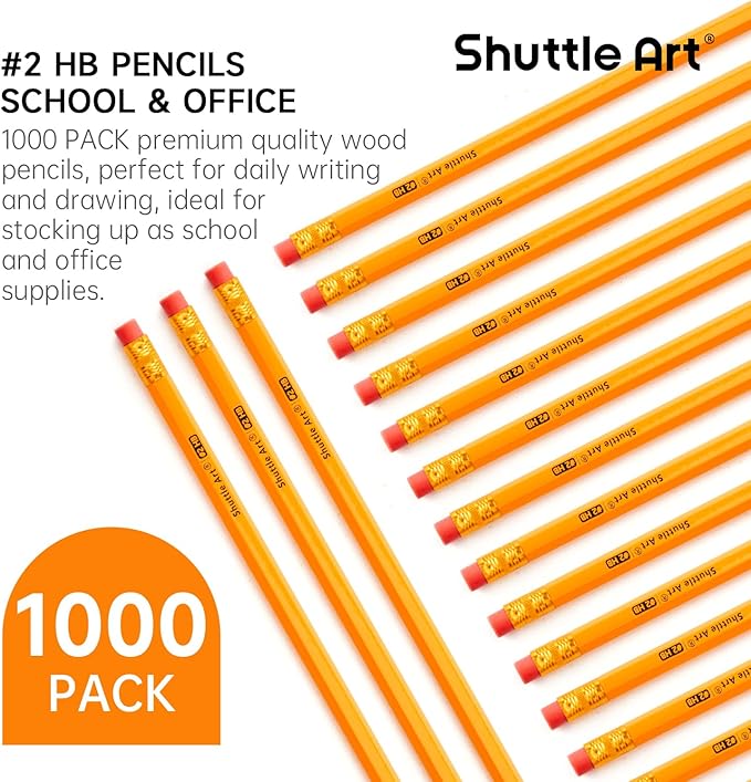 Shuttle Art Wood-Cased #2 HB Pencils, 1000 Pack Sharpened Yellow Pencils with Erasers, Bulk Pack Graphite Pencils for School and Teacher Supplies, Writing, Drawing and Sketching