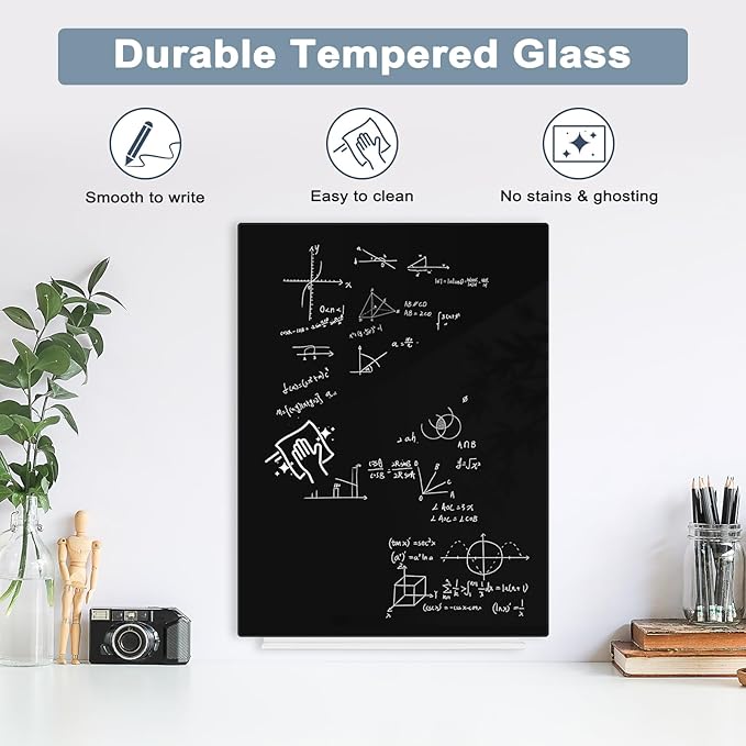 Magnetic Glass Whiteboard for Wall, 16" x 12" Glass Dry Erase Board, Large Frameless White Board for Home and Office - Black