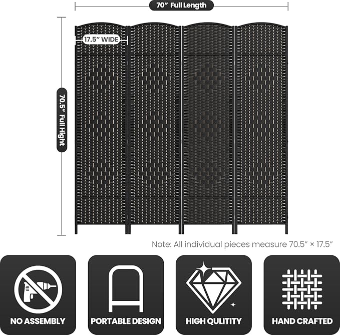 Cocosica 4 Panel Room Divider,6Ft Folding Privacy Screen,Tall - Extra Wide Foldable Panel Partition Wall Divider with Diamond Double-Weaved Hand-Woven Design Room Screen Divider（Black）