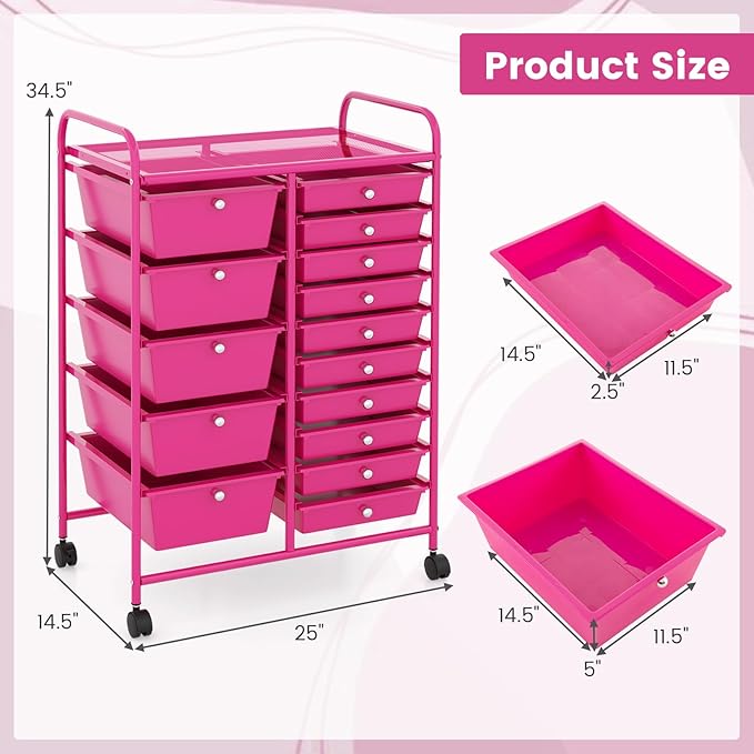 COSTWAY 15-Drawer Rolling Storage Cart, Mobile Utility Cart with Heavy-duty Frame & Lockable Wheels, Multipurpose Storage Organizer for Tools, Paper, Office, School, Hot Pink