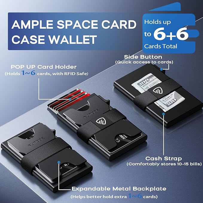 RUNBOX Slim Card Holder Wallet for Men, Minimalist RFID Blocking Wallet with Pop-Up Function, Ultra-Thin Design, Metal Business Card Cases holds 6+6 Cards, Gifts for Men, Men's Accessories