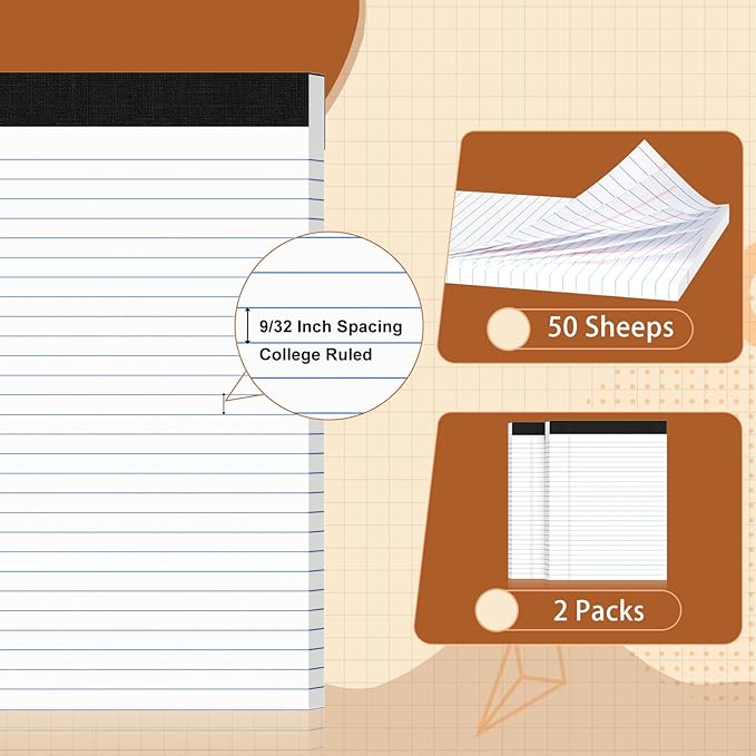 Legal Pads 8.5 X11, Narrow Ruled Notepads, 2 Pack, 50 Sheet/Pad, White Legal Pads, Tear Off Notepad, Perforated Writing Pad, Notebook Paper College Ruled, Notepads for Office Home School, Notepad