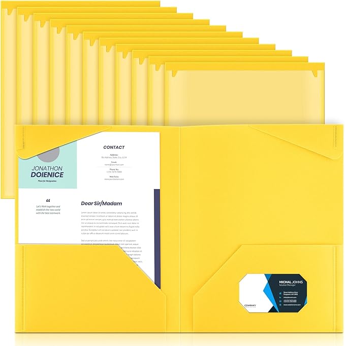 Henoyso 18 Pcs Plastic Folders with Clear Front Pockets Heavy Duty File Folders with 2 Pockets and Card Slot for Student Communication School Office Presentation Report (Yellow)