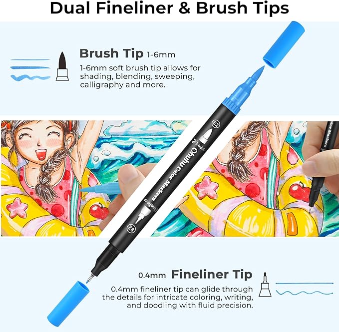 Ohuhu Markers for Adult Coloring Books No Bleeding 120 Colors Coloring Markers Water-based Dual Tips Fineliner & Brush Drawing Pens Art Pens for Kids Adults Sketch Journal - Maui - Black